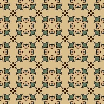Seamless illustrated pattern made of abstract elements in beige, turquoise and black