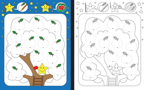 Preschool worksheet for practicing fine motor skills - tracing dashed lines of apples illustrations