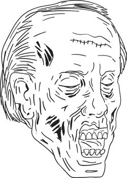 Drawing sketch style illustration of a undead Zombie with Head Eyes Closed on isolated background done in black and white.