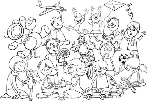 Black and White Cartoon Illustration of Children Characters Group Playing with Toys Coloring Book