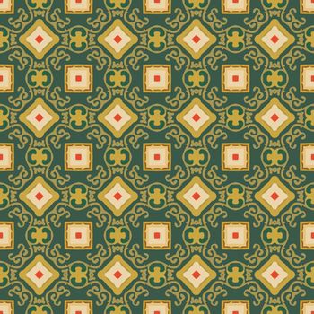 Seamless illustrated pattern made of abstract elements in beige, yellow, red, brown and green