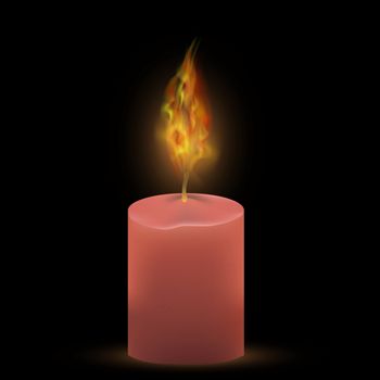 Burning Single Pink Candle Isolated on Black Background. Bright Fire Flame.
