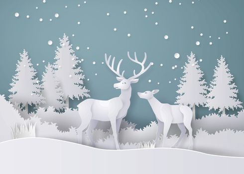 Deer in forest with snow in the winter season.vector paper art style.