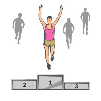 champion runs first. Before him stands a pedestal for the first, second and third places.many athletes are behind