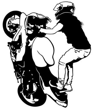 The Female Motor Biker Performs an Stunt Ride - Black and White Illustration, Vector