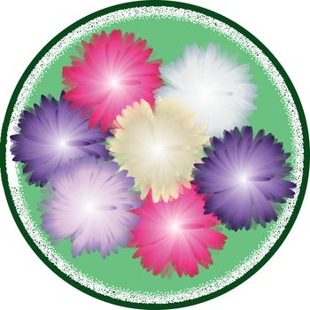 Autumn bouquet from asters in gentle tones inside green circle. Top view. Vector greeting card