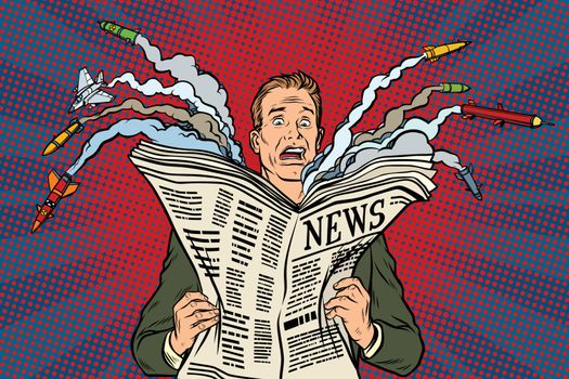 newspaper bad news about nuclear war, the man shocked. Pop art retro vector illustration