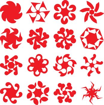 Set of abstract geometric red circular shapes. Symmetric center shapes. Ornament design elements. Vector illustration.