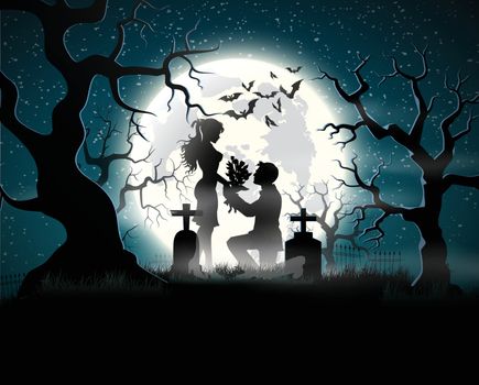 Soul lovers in the moonlight at the full moon on Halloween.