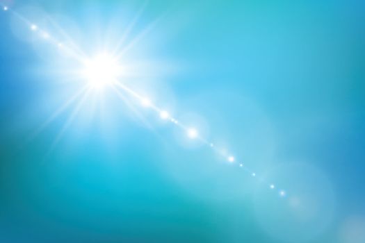 Realistic shining sun with lens flare. Blue sky with clouds background. Vector illustration. EPS 10
