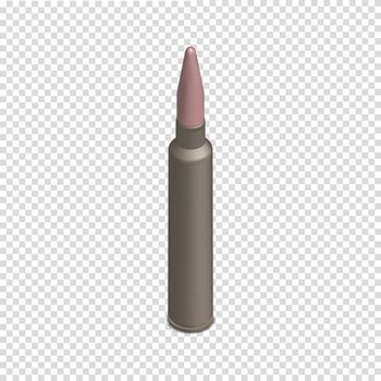 Photorealistic cartridge with a bullet isolated on white background. Design element firearms. 3D isometric style, vector illustration.