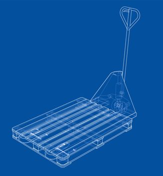 Hand pallet truck with pallet. Vector rendering of 3d. Wire-frame style. The layers of visible and invisible lines are separated