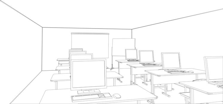 Computer class with tables and computers. Vector illustration rendering of 3d