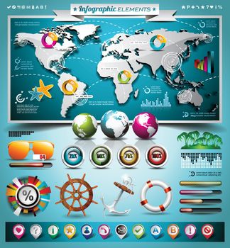 Vector summer travel infographic set with world map and vacation elements. EPS 10 illustration.