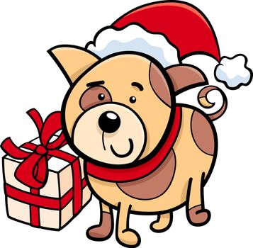 Cartoon Illustration of Dog or Puppy Animal Character with Christmas Present