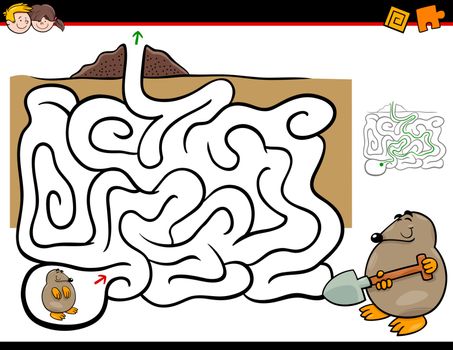 Cartoon Illustration of Education Maze or Labyrinth Activity Game for Children with Mole Animal Character