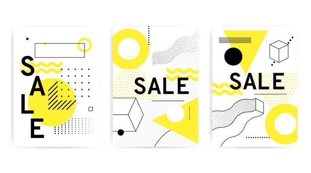 Universal posters collection with bright bold geometric yellow elements, chaotic composition in restrained sustained tempered style. Easy editable clipping mask. Magazine, leaflet, ad, typography, print