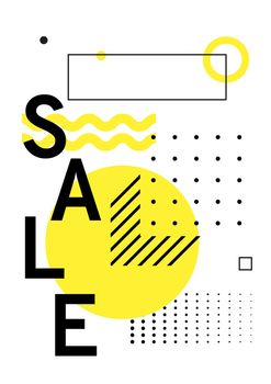Universal trend poster with bright bold geometric yellow elements, chaotic composition in restrained sustained tempered style. Easy editable clipping mask. Magazine, leaflet, ad, typography, print
