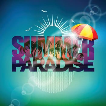 Vector illustration on a summer holiday theme with sunshade on blurred background. Eps 10 design.