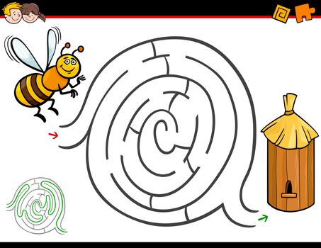 Cartoon Illustration of Education Maze or Labyrinth Activity Game for Children with Bee Insect Character and Hive