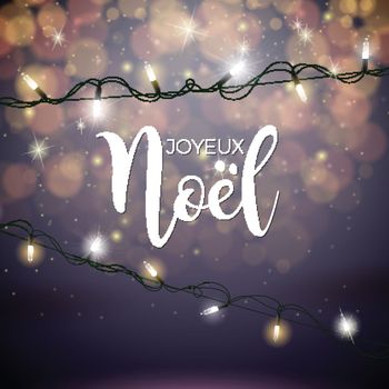 Vector Christmas Illustration with French Joyeux Noel Typography and Holiday Light Garland on Shiny Red Background