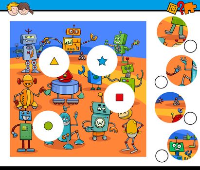 Cartoon Illustration of Educational Match the Pieces Jigsaw Puzzle Game for Children with Robots Fantasy Characters