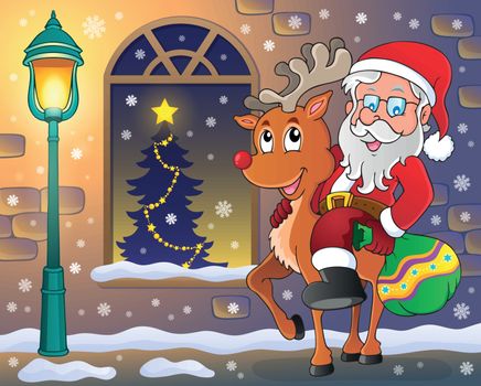 Santa Claus on reindeer in town - eps10 vector illustration.