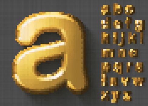 Set of golden luxury 3D lowercase english letters. Beautiful Golden metallic shiny font on grey background. Good typeset for wealth and jewel concepts. Transparent shadow, EPS 10 vector illustration.