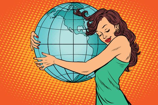 woman hugging the earth mainland America. Earth day. Ecology and care for nature. Comic book cartoon pop art retro vector illustration drawing
