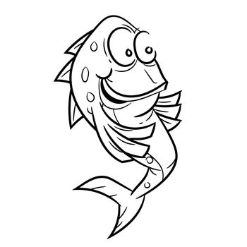 Hand drawn sketch of Smiling Fish Cartoon isolated, Black and White Cartoon Vector Illustration for Coloring Book - Line Drawn Vector