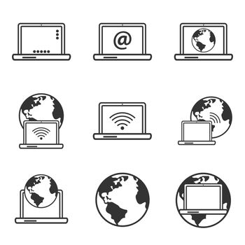 Internet icons, laptop and earth globe icon, Flat internet icon collection for Web and mobile design element. Vector iconic illustration.

