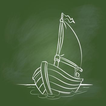 Hand drawing Boat Cartoon on textured green board. for Education Concept, Vector Illustration, drawing with chalk on greenboard.
