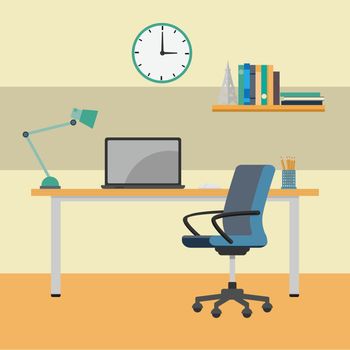 Home Office working Desk, interior workplace. Laptop on desk near chair, Clock, book shelf-Vector Flat Design Illustration.