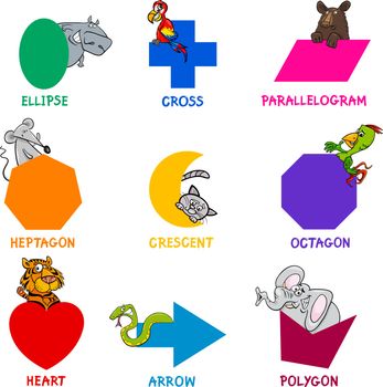 Educational Cartoon Illustration of Basic Geometric Shapes with Captions and Animal Characters for Kids