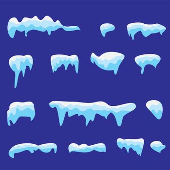 Vector illustration of set of isolated snow caps. Winter background snowy elements. Vector template in cartoon style. 