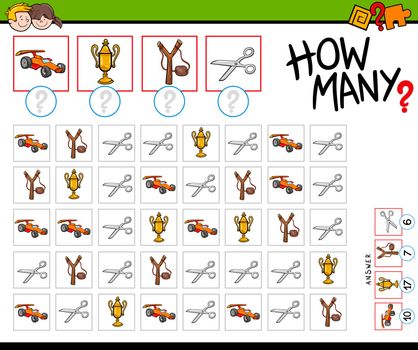 Cartoon Illustration of Educational How Many Counting Game for Children with Objects