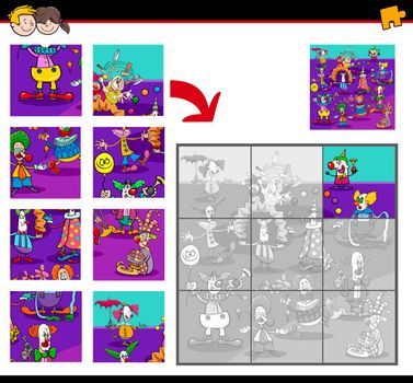 Cartoon Illustration of Educational Jigsaw Puzzle Activity Game for Children with Clown Characters