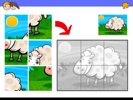 Cartoon Illustration of Educational Jigsaw Puzzle Activity Game for Children with Sheep Farm Animal Character