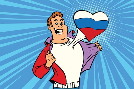 sports fan loves Russia. Heart with flag of the country. Comic cartoon style pop art illustration vector retro