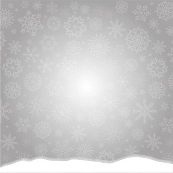 Winter silver snowy background with elegant snowflakes falling upon the snowdrift. Christmas, new year vector template with space for text.