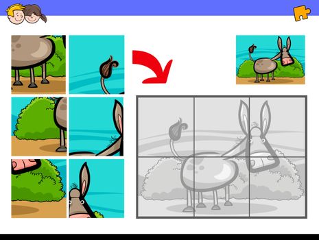 Cartoon Illustration of Educational Jigsaw Puzzle Activity Game for Children with Donkey Animal Character