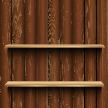 Showcase template with shadow on brown wooden panel wall background. Advertising wood plastic plank shelf store. Sale exhibition interior furniture