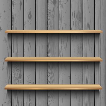 Showcase template with shadow on gray wooden panel wall background. Advertising wood plastic plank shelf store. Sale exhibition interior furniture