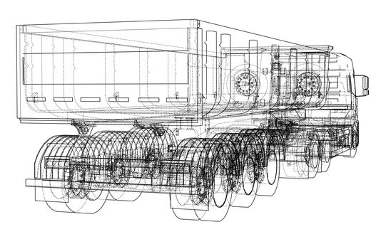European truck outlined vector rendering of 3d. The layers of visible and invisible lines are separated