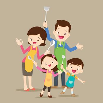 Cute happy family cooking meal kitchen with dad ,mom ,daughter, son enjoys cooking vector cartoon illustration.