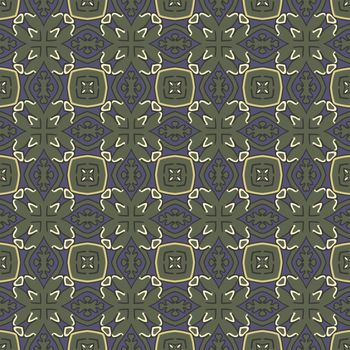 Seamless illustrated pattern made of abstract elements in blue,shades of yellow and green