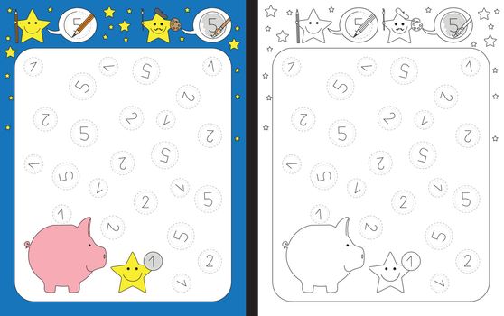 Preschool worksheet for practicing fine motor skills - tracing dashed lines of coins