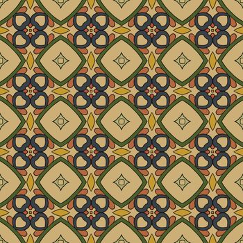 Seamless illustrated pattern made of abstract elements in beige, blue, yellow, pink, green and black