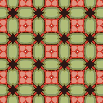 Seamless illustrated pattern made of abstract elements in beige, red, green, pink and black