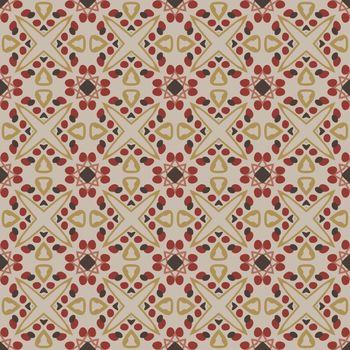 Seamless illustrated pattern made of abstract elements in beige, red, yellow and dark gray